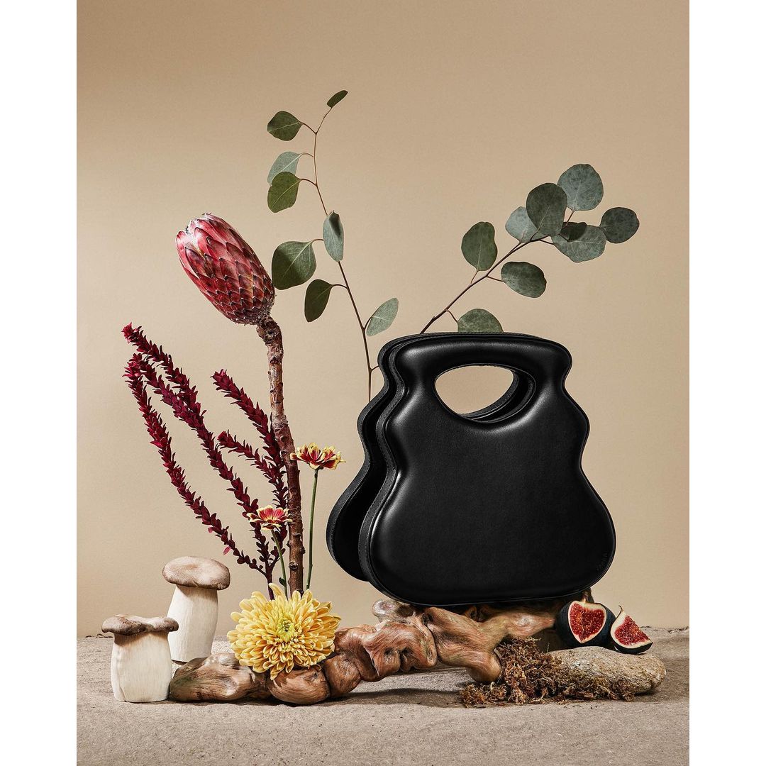 Elevated studio shot of black handbag on stone platform surrounded by protea, eucalyptus, mums, mushrooms, figs and wooden branch.