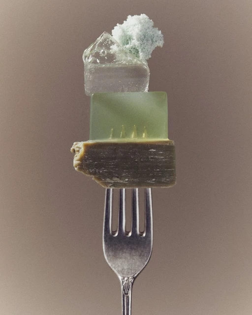 Stacked soap bars on a fork, including olive green, jade green, clear ice-like, and a white sponge-like soap, minimalist presentation.