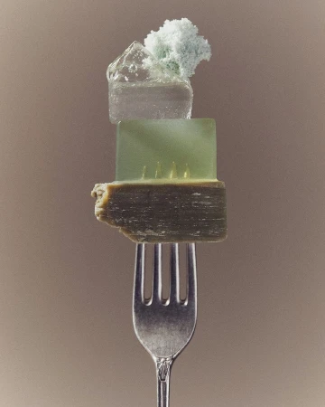 Stacked soap bars on a fork, including olive green, jade green, clear ice-like, and a white sponge-like soap, minimalist presentation.