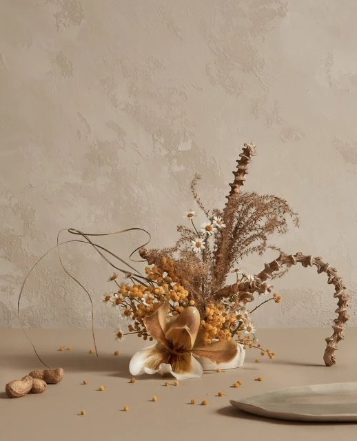 Still life featuring a lily, daisies, and dried grasses in a vase, complemented by scattered seeds and nuts against a neutral background.