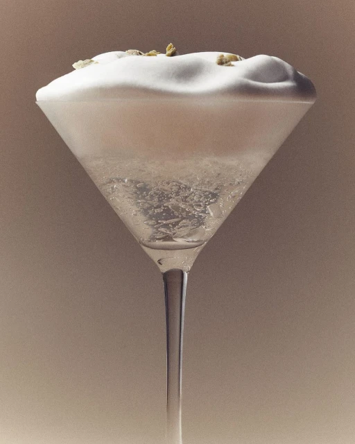 Close-up studio shot of a sparkling martini cocktail in a clear glass with white foam and garnish, on a plain beige background.