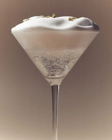 Close-up studio shot of a sparkling martini cocktail in a clear glass with white foam and garnish, on a plain beige background.