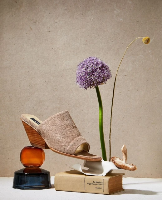 Still life studio shot of a beige, patterned high-heeled mule balanced on glass objects, with flowers and a book in soft lighting.