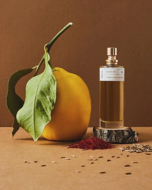 Still life of perfume bottle on wood slice next to a large yellow citrus fruit with green leaves against a brown background.