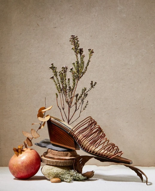 Wedge heel fashion sandal with thin straps, resting on natural material podium with sprigs and a pomegranate against a neutral backdrop.