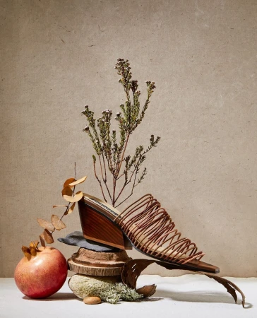 Wedge heel fashion sandal with thin straps, resting on natural material podium with sprigs and a pomegranate against a neutral backdrop.