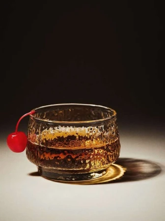 Short textured glass filled with amber liquid and a red maraschino cherry resting on the rim, set against a dark gradient background.