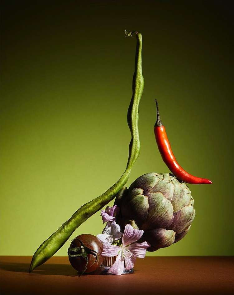 Still life composition featuring a long bean, red chilli pepper, artichoke, tomato, and purple flowers arranged on a brown surface.