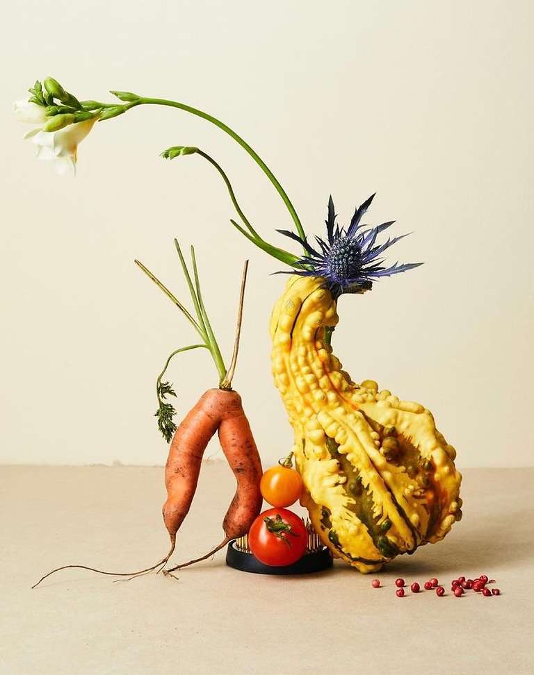 Still life arrangement of gourds, carrots, tomatoes, and flowers in a neutral-toned indoor setting, showcasing a natural and artistic composition.