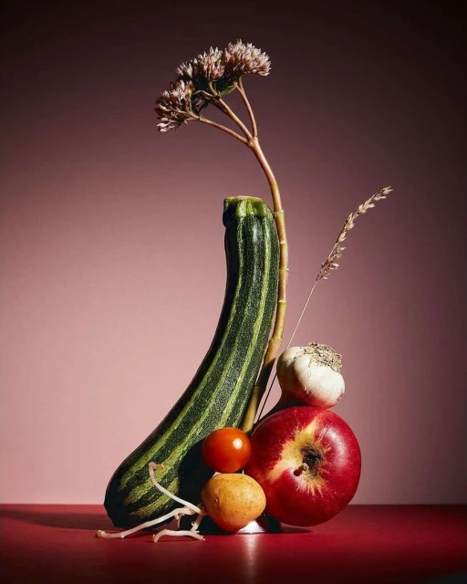 Still life photograph of zucchini, apple, tomato, garlic, potato, and flowers against a gradient pink background.