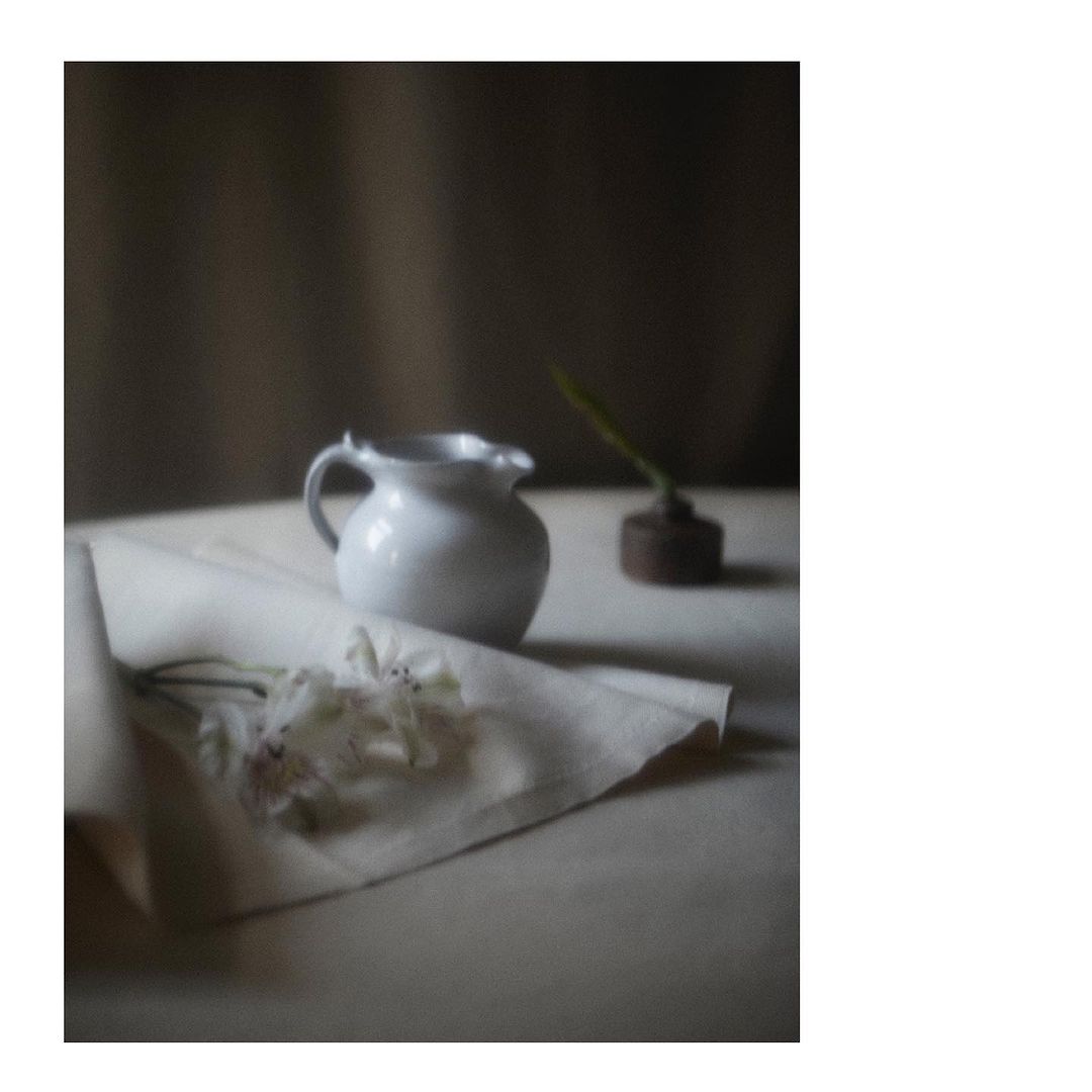 Still life photography featuring a white pitcher and delicate white flowers on a linen tablecloth against a neutral backdrop.