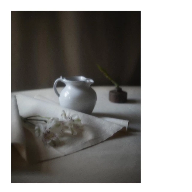 Still life photography featuring a white pitcher and delicate white flowers on a linen tablecloth against a neutral backdrop.
