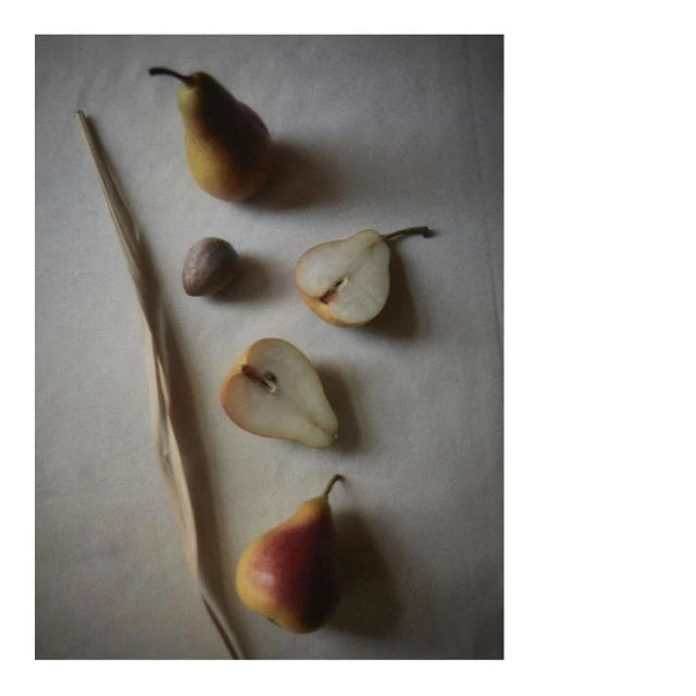 Still life featuring whole and halved pears, arranged with a dried leaf on a neutral surface, showcasing natural textures and warm lighting.
