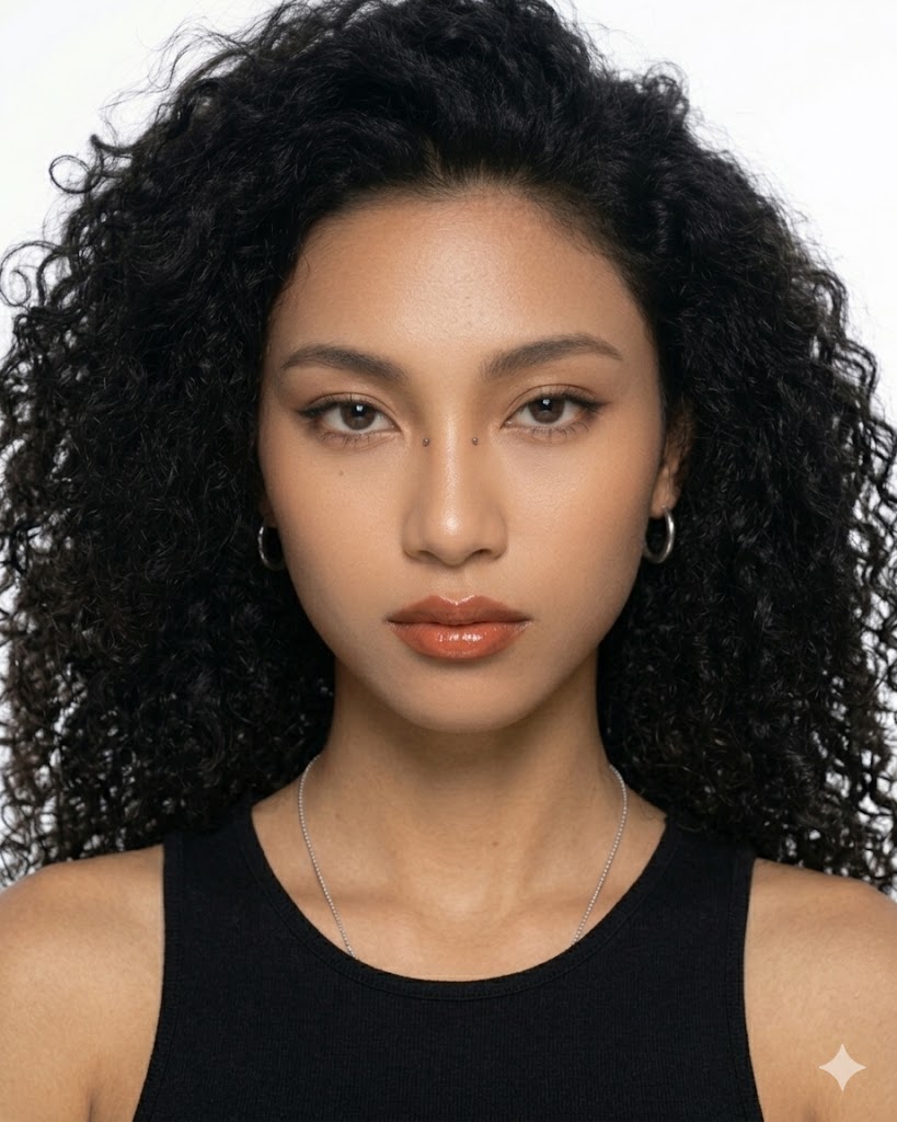 Close-up beauty portrait of a woman with curly black hair wearing a black tank top and silver hoop earrings against a white background.