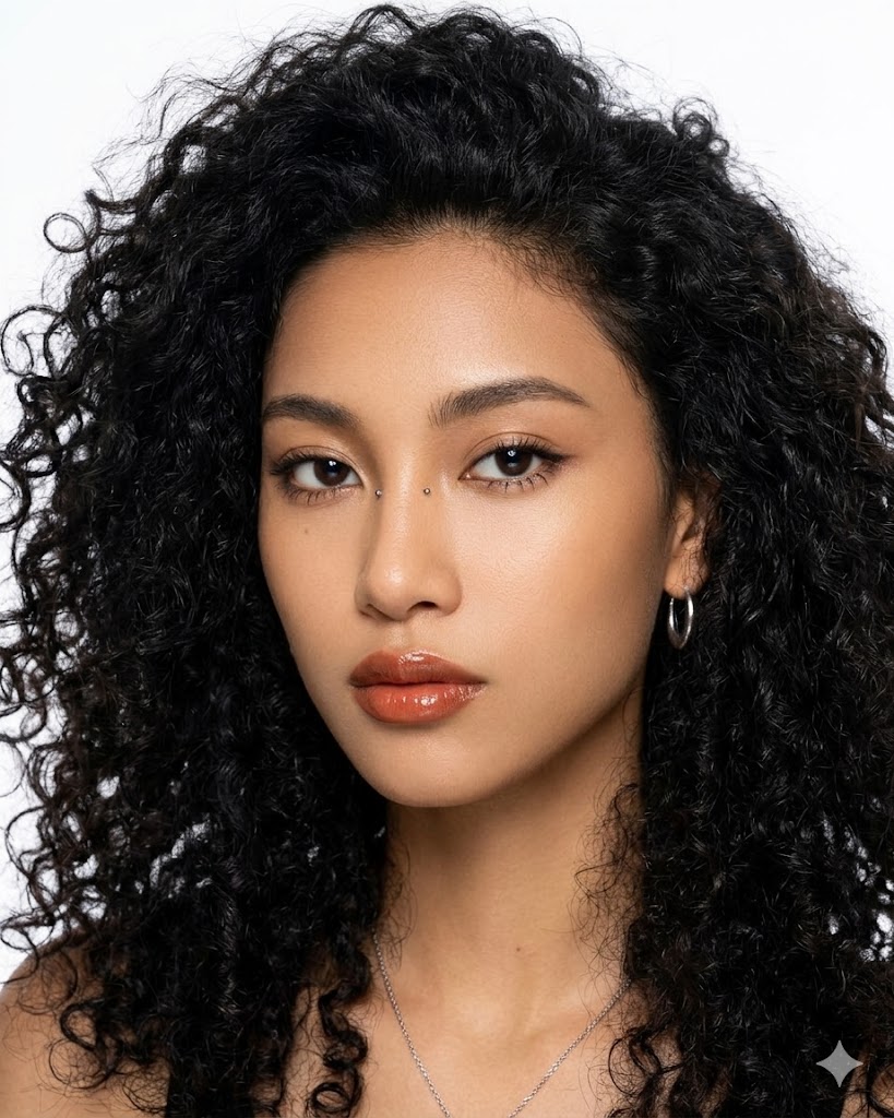 Close-up beauty portrait of a woman with voluminous curly black hair, glossy lips, and a bridge piercing against a white background.