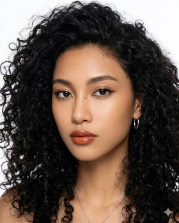 Close-up beauty portrait of a woman with voluminous curly black hair, glossy lips, and a bridge piercing against a white background.