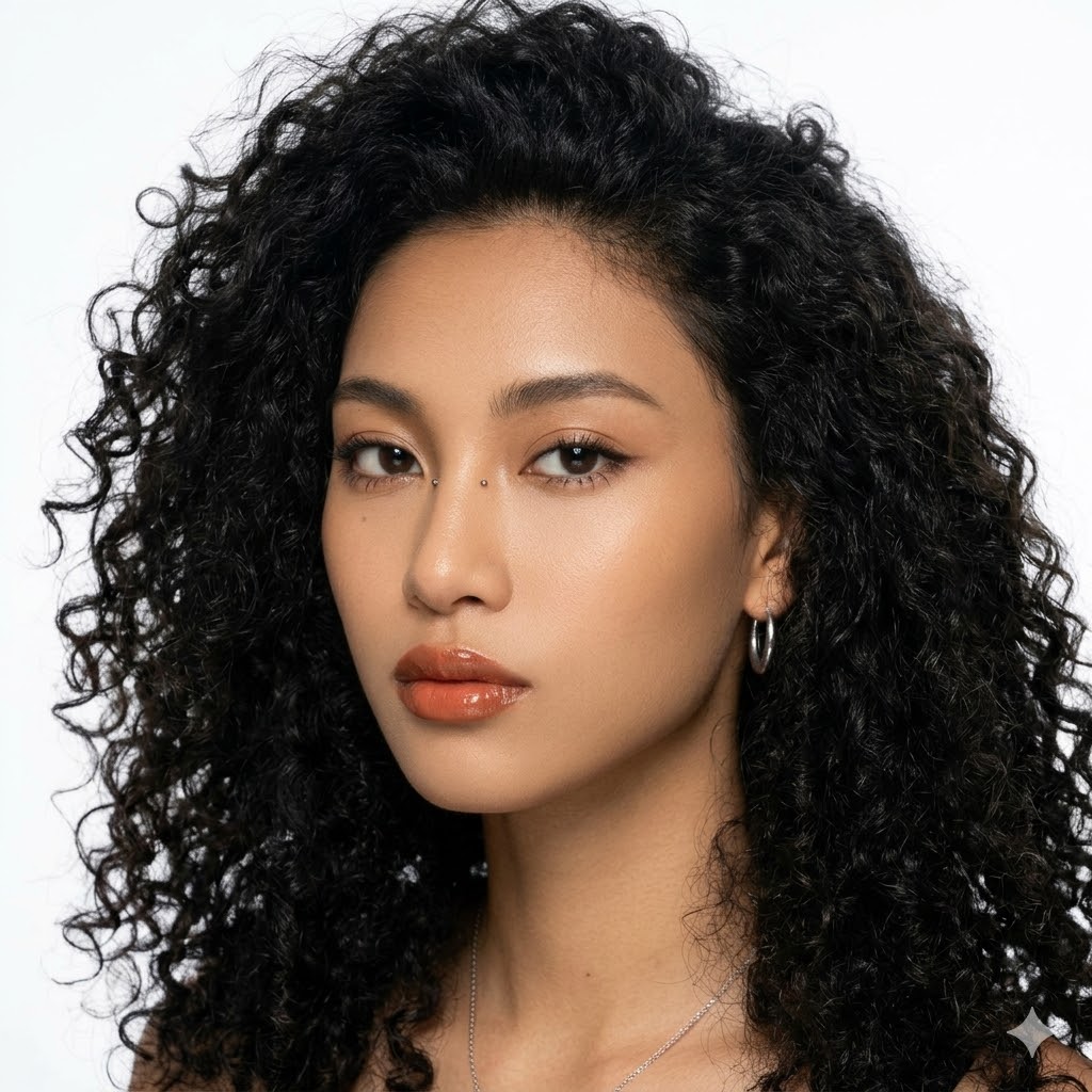Close-up portrait of a woman with voluminous curly black hair, glowing makeup, and glossy lips against a white background.