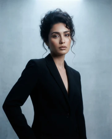 A woman with a dark curly updo wearing a tailored black blazer against a cool grey-blue textured backdrop.