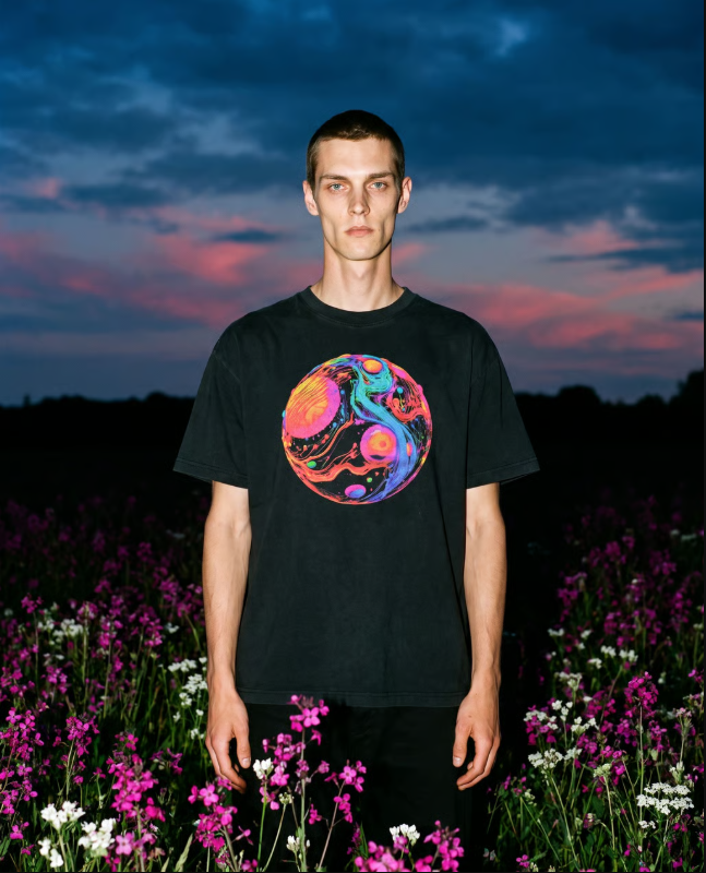 Man standing in a wildflower field at dusk wearing a black graphic t-shirt with a colorful circular design.