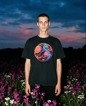 Man standing in a wildflower field at dusk wearing a black graphic t-shirt with a colorful circular design.