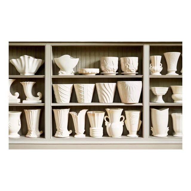 Collection of white ceramic vases and pots arranged on shelves in a display case, showcasing a variety of shapes and textures.