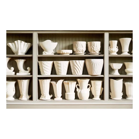 Collection of white ceramic vases and pots arranged on shelves in a display case, showcasing a variety of shapes and textures.