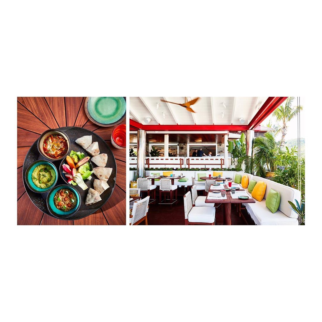Overhead shot of a shared platter with dips and pita bread on a wooden table, plus a restaurant interior with modern seating.