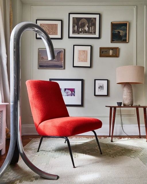 Eclectic interior with a red modern chair, polished metal lamp, and a gallery wall of framed art in a room with neutral green walls.