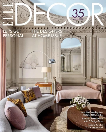 Elle Decor cover featuring a living room with a curved sofa, patterned pillows, and a daybed, showcasing interior design and home decor.