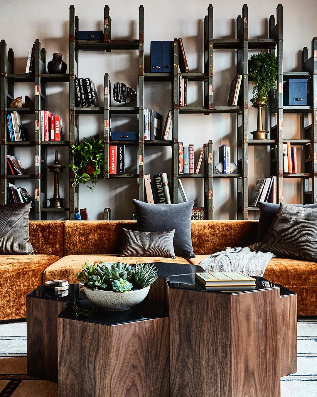 Home library interior with floor-to-ceiling bookshelves, books, couch with pillows, and coffee tables with plants in a living room.