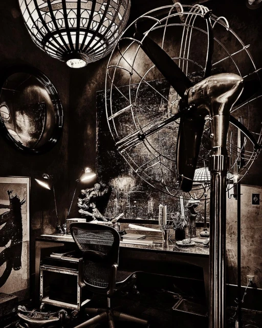 Indoor photo of a workspace featuring a standing fan, desk with objects, lamp, chair, and decorative lighting, captured with brown color grading.
