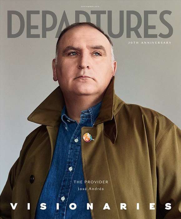 Magazine cover featuring a man in a denim shirt and trench coat, with the magazine title 'Departures' and 'Jose Andres' visible.