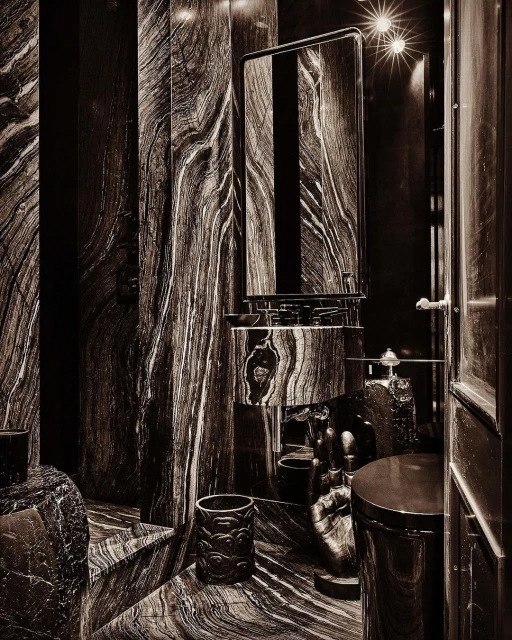 Luxurious bathroom interior featuring a sink, mirror, and various decor elements, all adorned with a distinctive wood-grain marble pattern.