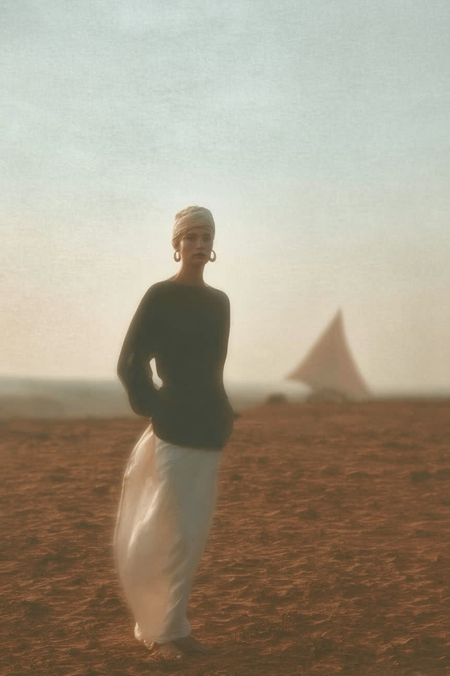 A woman wearing a headwrap and long flowing skirt standing barefoot on a sandy beach at sunset, with a distant sailboat on the horizon.