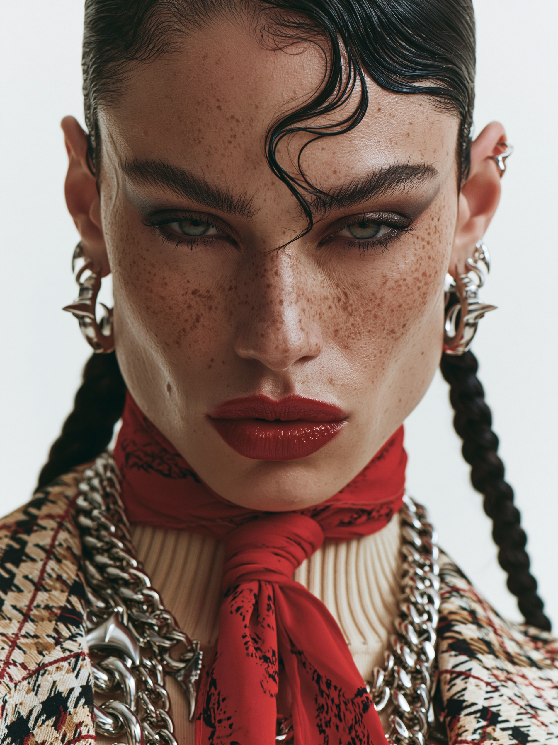 Close-up portrait of a woman with braided dark hair, freckles, bold red lips, and heavy silver spiked earrings wearing a red silk neck scarf.