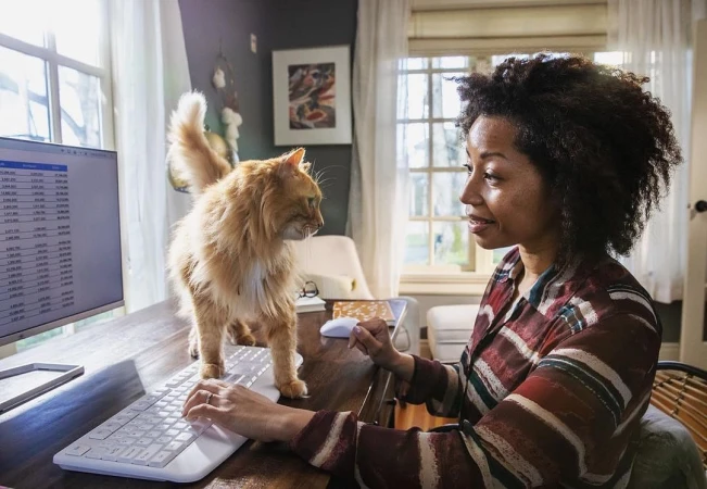 Woman types on a computer as an orange cat stands on the keyboard looking at the screen in a brightly lit home office setting.