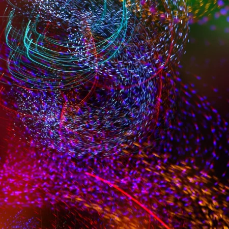 Abstract art featuring flowing multicolored light trails with dominant hues of blue, purple, red, and gold against a dark backdrop.