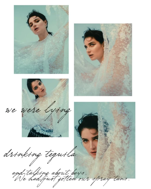 Collage of a woman with dark hair in a sheer, lacy top against a pale backdrop, accompanied by text describing a night out.