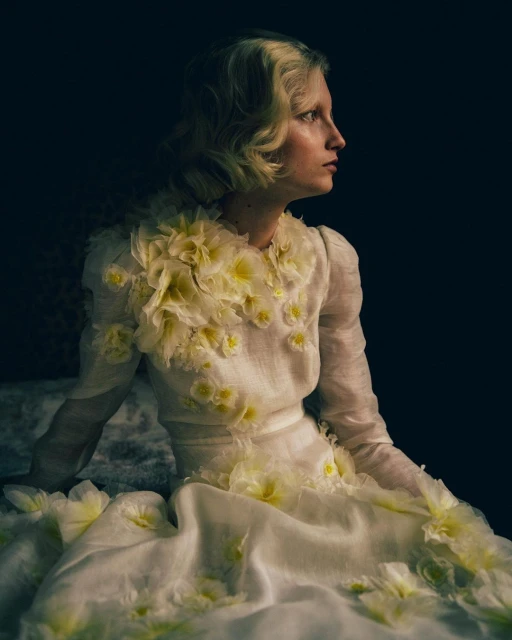 Young woman in a white couture gown with floral embellishments poses in a dark studio, side profile, soft lighting, for a fashion editorial.