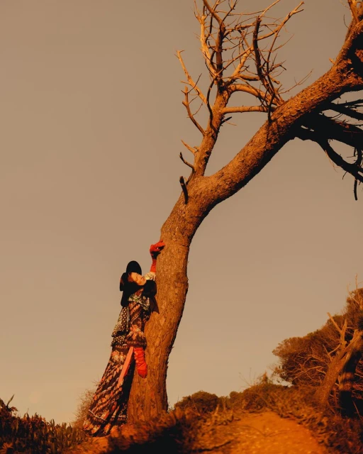 A woman in a colorful dress leans against a bare tree in a warm, outdoor setting with a clear sky and earthy tones.