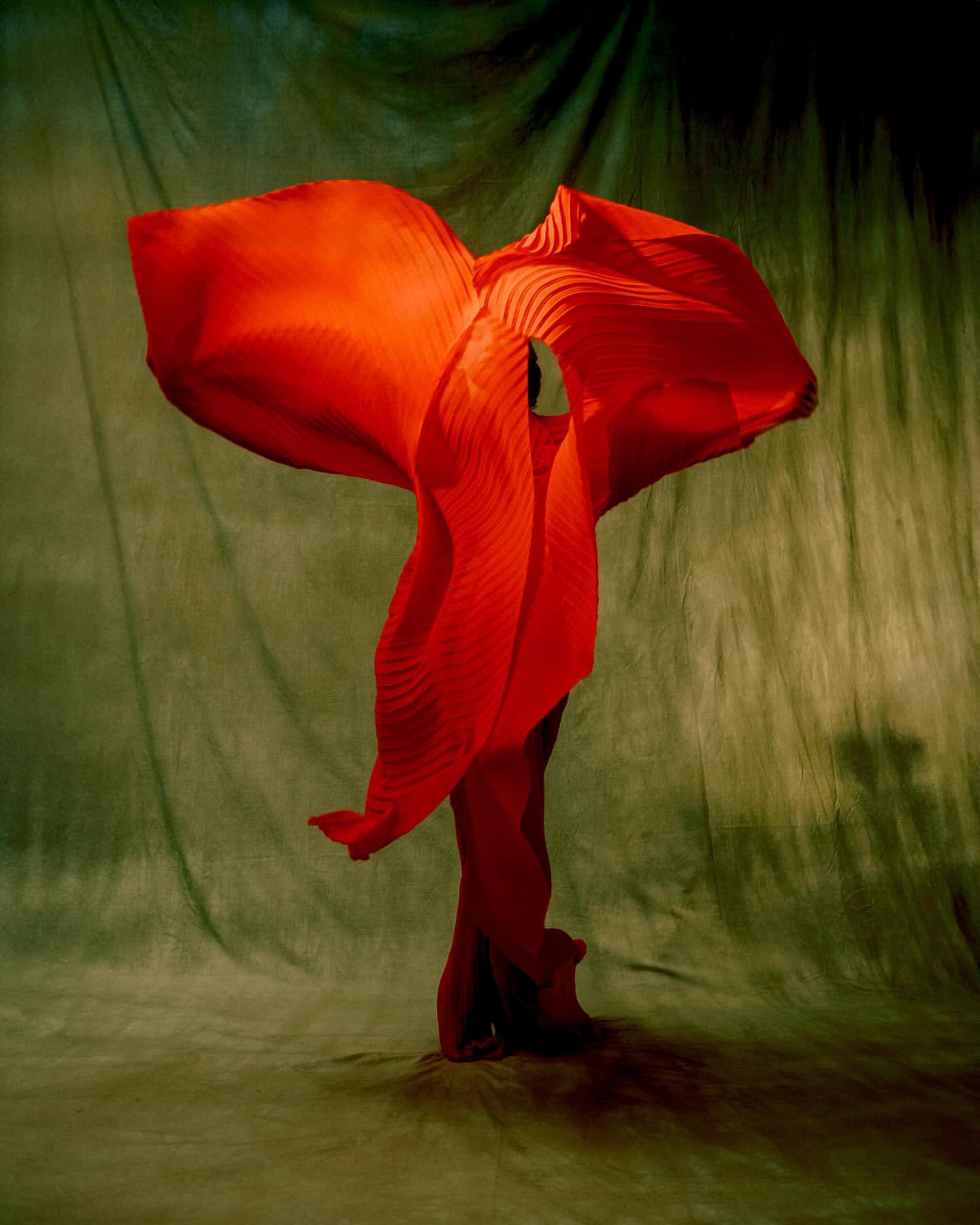 Person in flowing red fabric stands against a textured background, creating a dramatic and artistic visual.