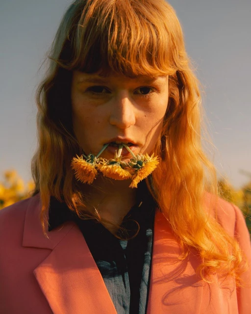 Young woman with red hair and a pink jacket stands outdoors with dandelions in her mouth in a sunlit field, posing for a portrait.