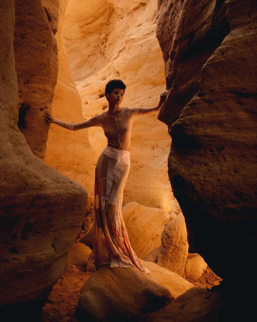 Woman in flowing sheer dress poses in a sunlit sandstone canyon. Desert fashion portrait with an otherworldly vibe, editorial fashion photography.