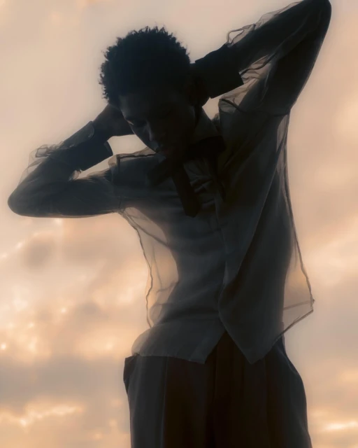 Silhouette of a slender adult woman in a sheer shirt, striking a pose against a soft, sunlit sky, blending fashion and natural beauty.