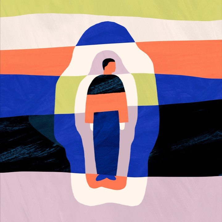 Illustration of a person meditating within a layered, abstract space featuring horizontal bands of colors including green, orange, and blue.