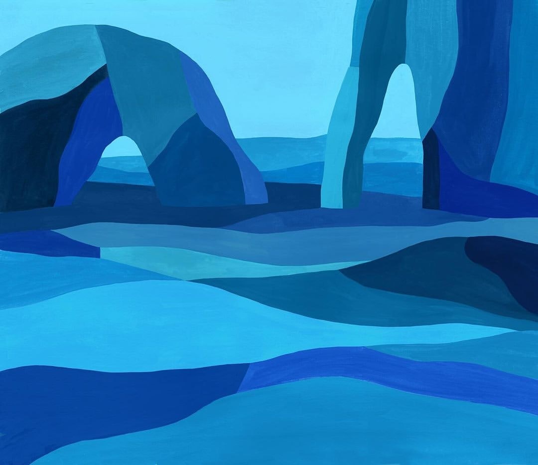 Abstract monochromatic blue painting of rocky arches and water. Conceptual landscape art with smooth, blocky shapes and light and dark blues.