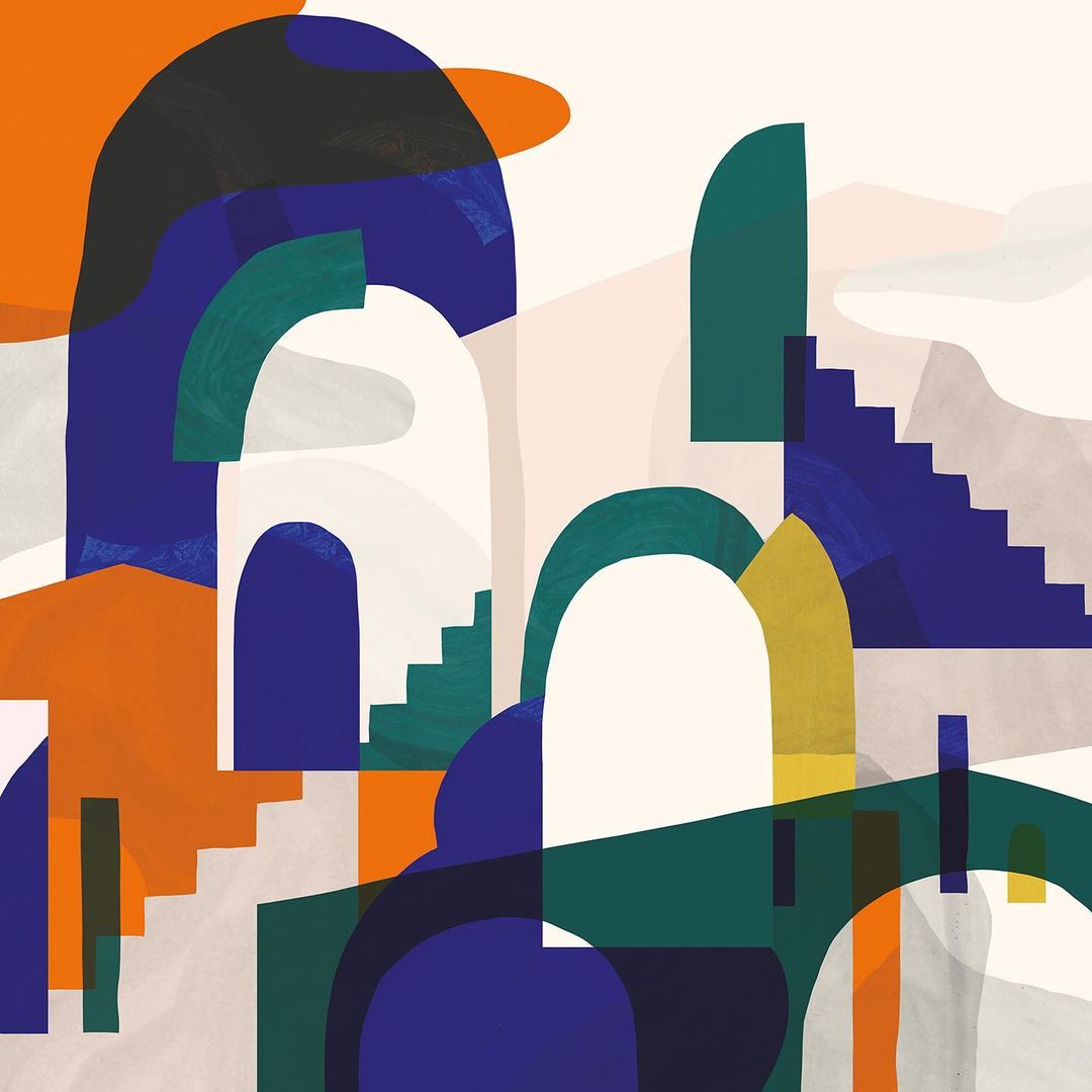 Graphic art featuring colorful abstract architectural structures with arches, staircases, and geometric shapes in a modern style.