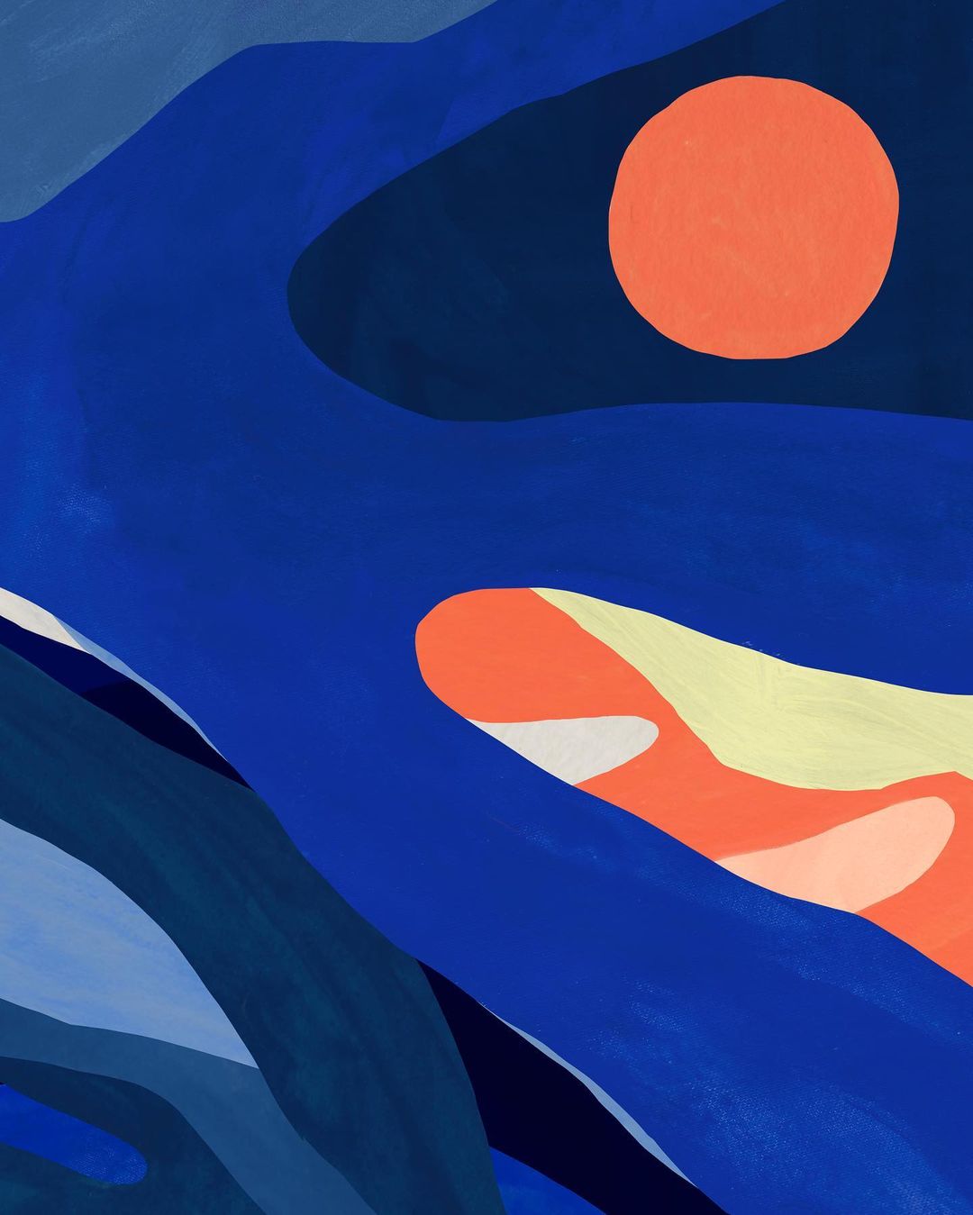 Abstract painting with blue shapes and an orange circle, creating a modern artistic composition with flowing lines and smooth textures.
