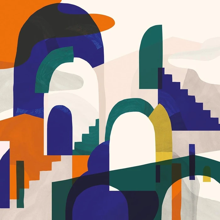 Abstract digital illustration featuring geometric architectural shapes in vibrant blue, orange, and emerald green tones.