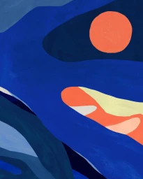 Abstract painting featuring sweeping blue forms, a vibrant orange circular shape, and yellow and pink curves.